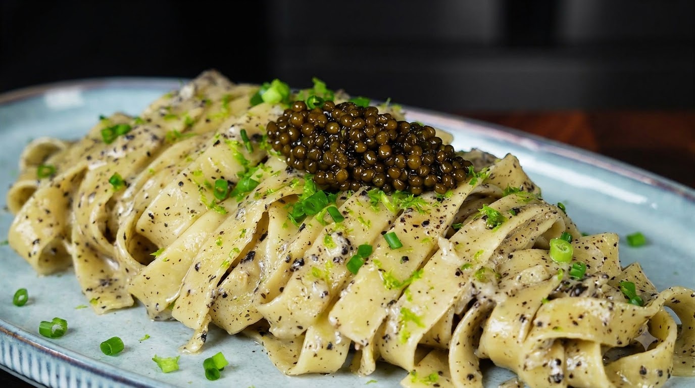 Un plato azul claro con pasta cremosa de trufa negra brillante, exquisitamente adornada con caviar negro y cebollas verdes picadas sobre un fondo oscuro.