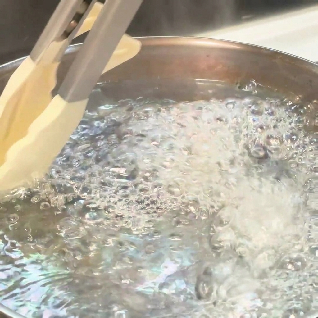 Hebras de espaguetis siendo bajadas al agua hirviendo con pinzas de cocina.