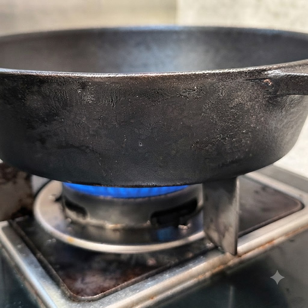 Láminas de ajo cocinándose a fuego lento en aceite de oliva sobre una llama de gas azul.