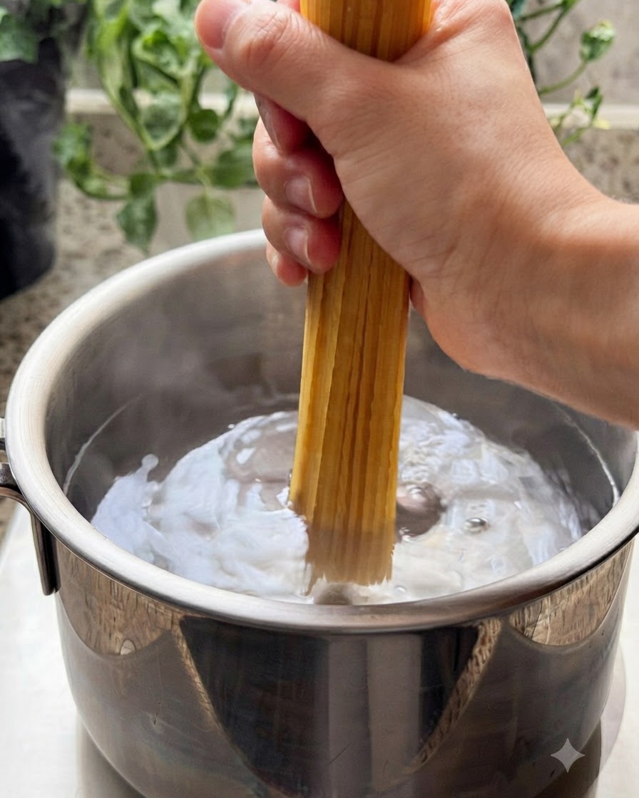 Un manojo de espagueti seco siendo sumergido en una olla con agua hirviendo.