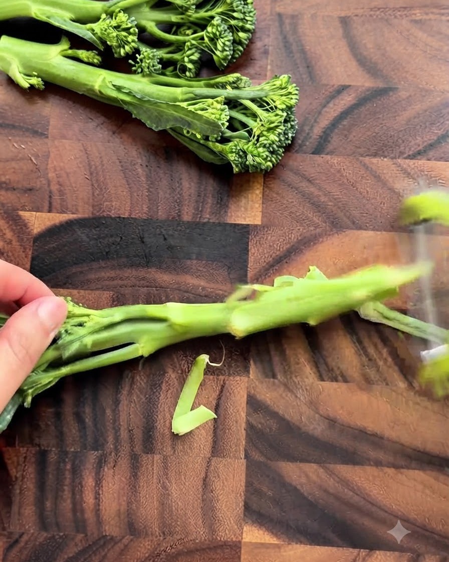 Tallos de vegetales verdes siendo pelados y picados en una tabla de cortar de madera.