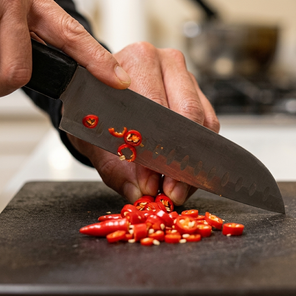 Vista de cerca de un cocinero cortando chiles rojos en una tabla de cortar oscura con un cuchillo de cocina.