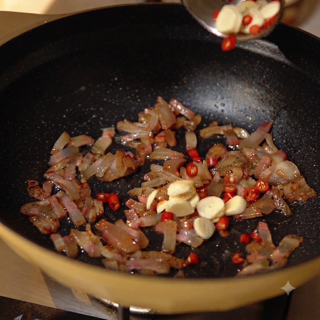 Rodajas de ajo y trozos de chile rojo siendo añadidos a una sartén que contiene cerdo curado fundido.