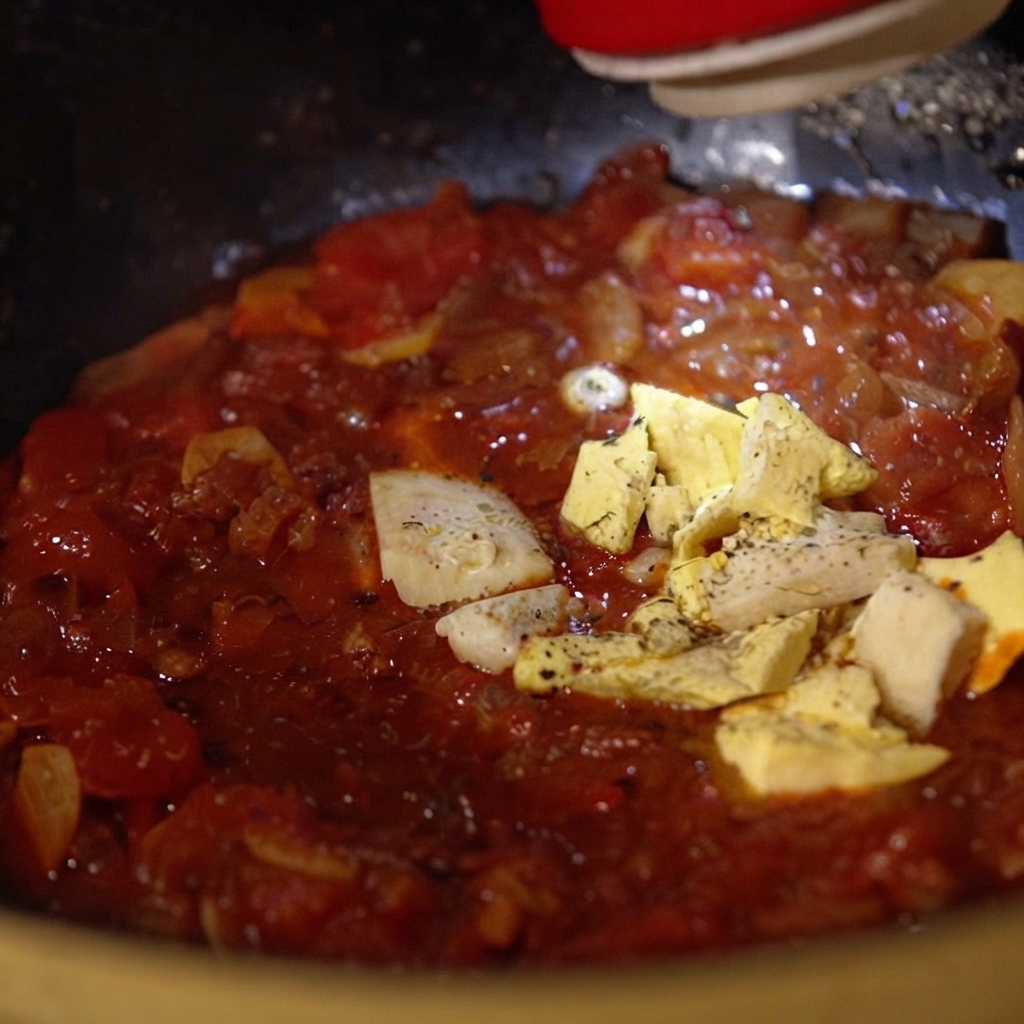 Trozos de mantequilla y queso derritiéndose en una salsa de tomate roja burbujeante dentro de una sartén.