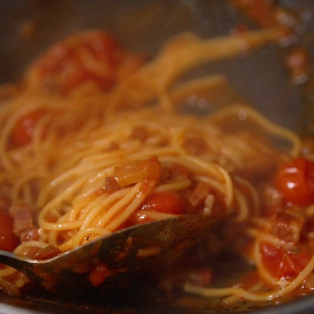 Hebras de espaguetis cocidos mezclándose en la salsa roja de tomate y carne dentro de una sartén.
