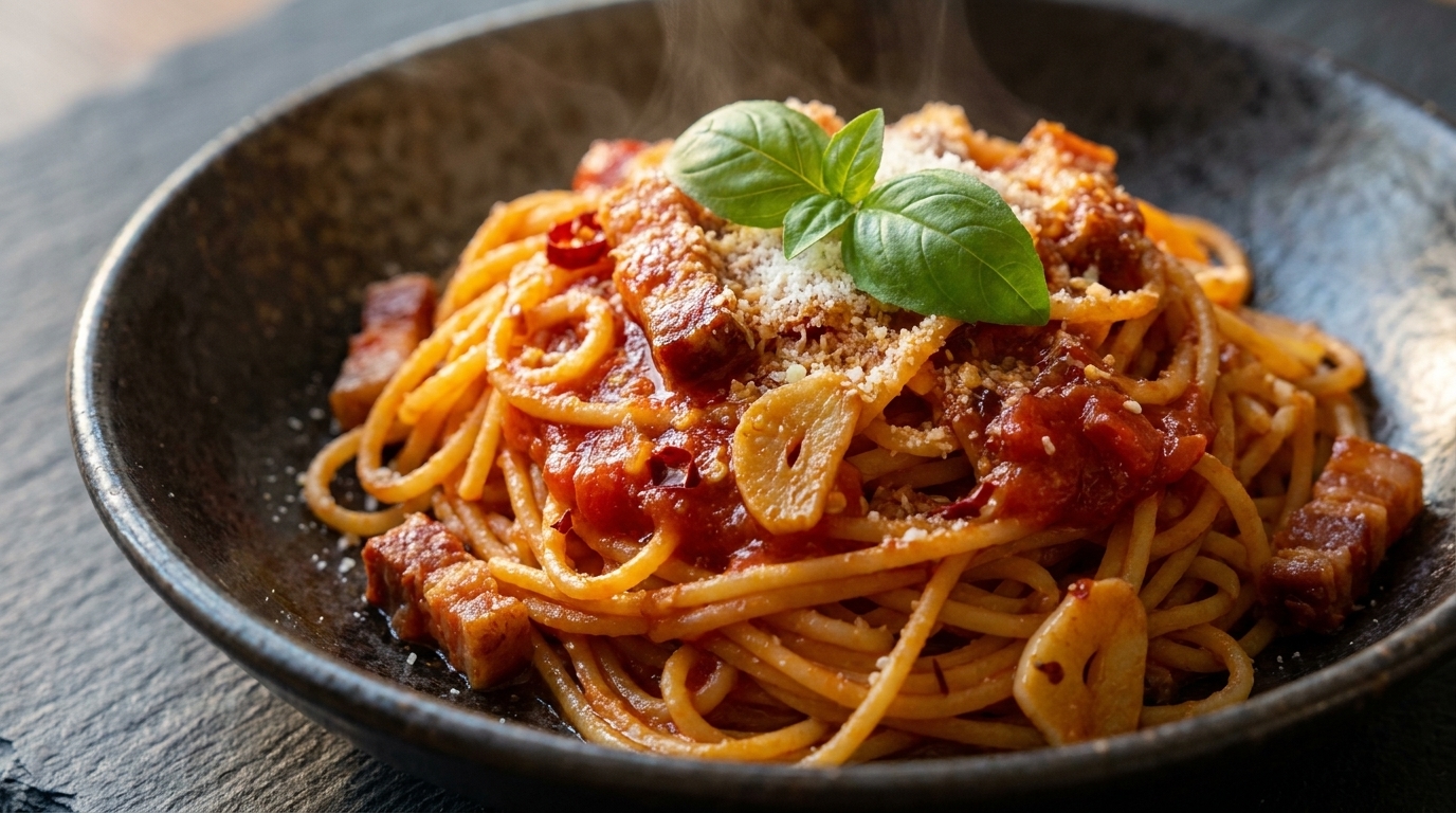 Pasta con Tomate Picante, Guanciale y Ajo