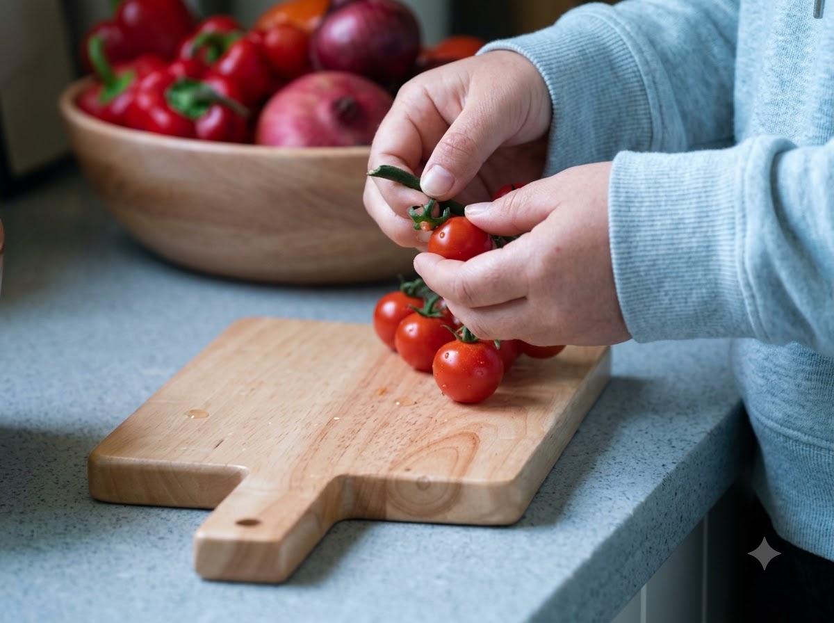 Tomates cherry pequeños colocados sobre una tabla de madera.