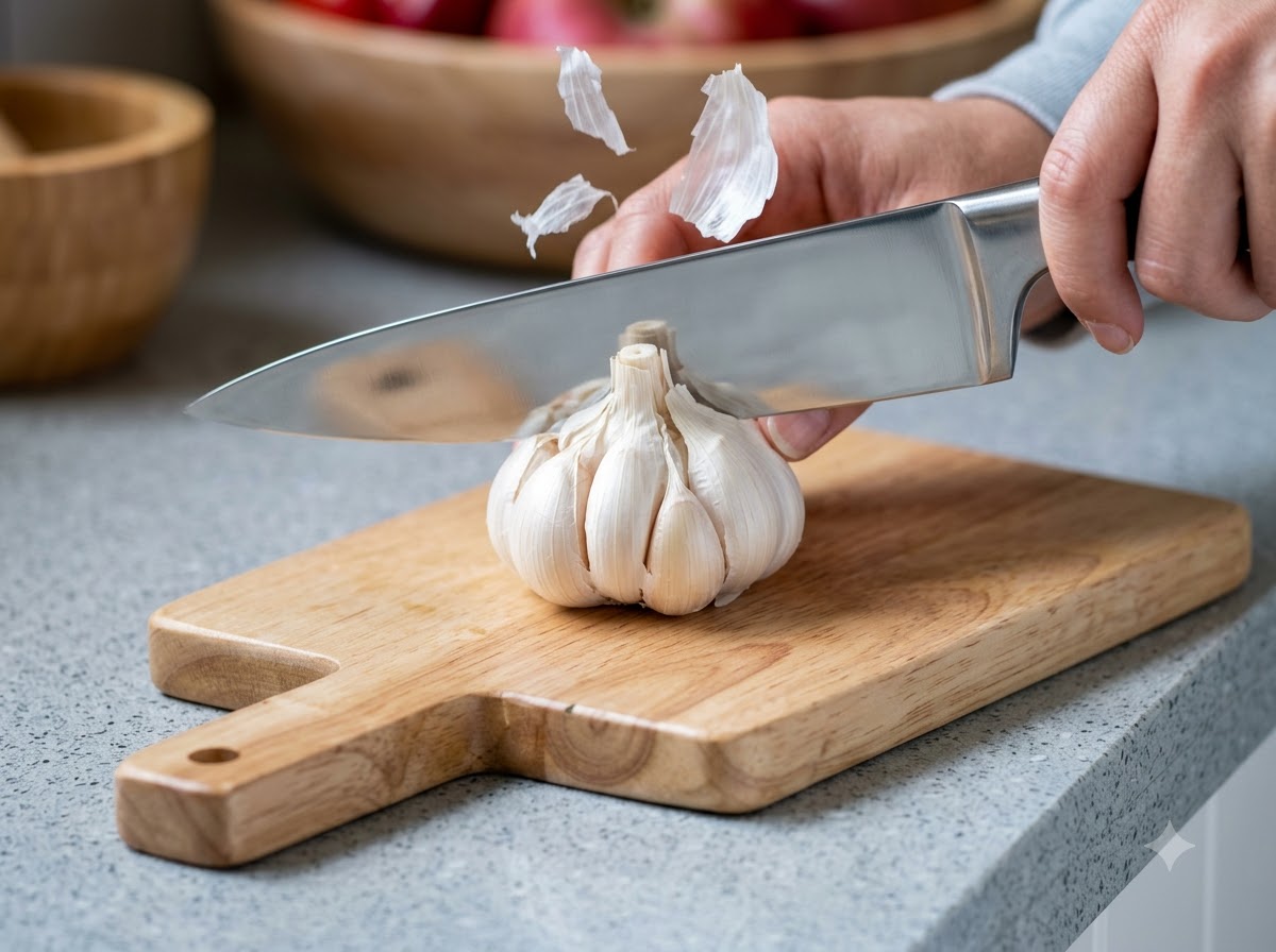 Un cuchillo afilado cortando una cabeza de ajo entera sobre una tabla de madera.