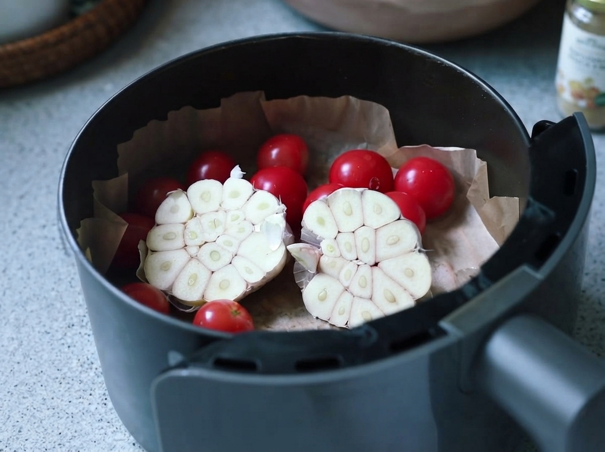 Aceite de oliva siendo vertido sobre el ajo y los tomates en una freidora de aire.