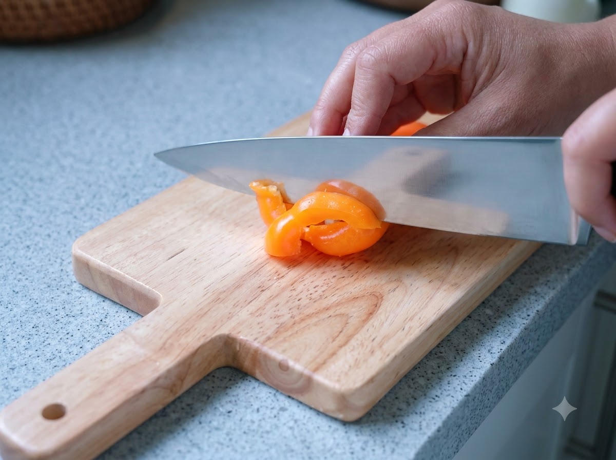 Un pimiento naranja siendo cortado en una tabla de cortar.