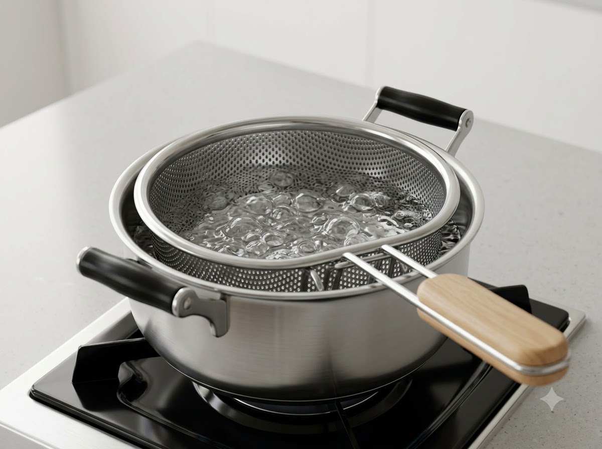Hojas de espinaca escaldándose en una olla con agua hirviendo usando una cesta colador.