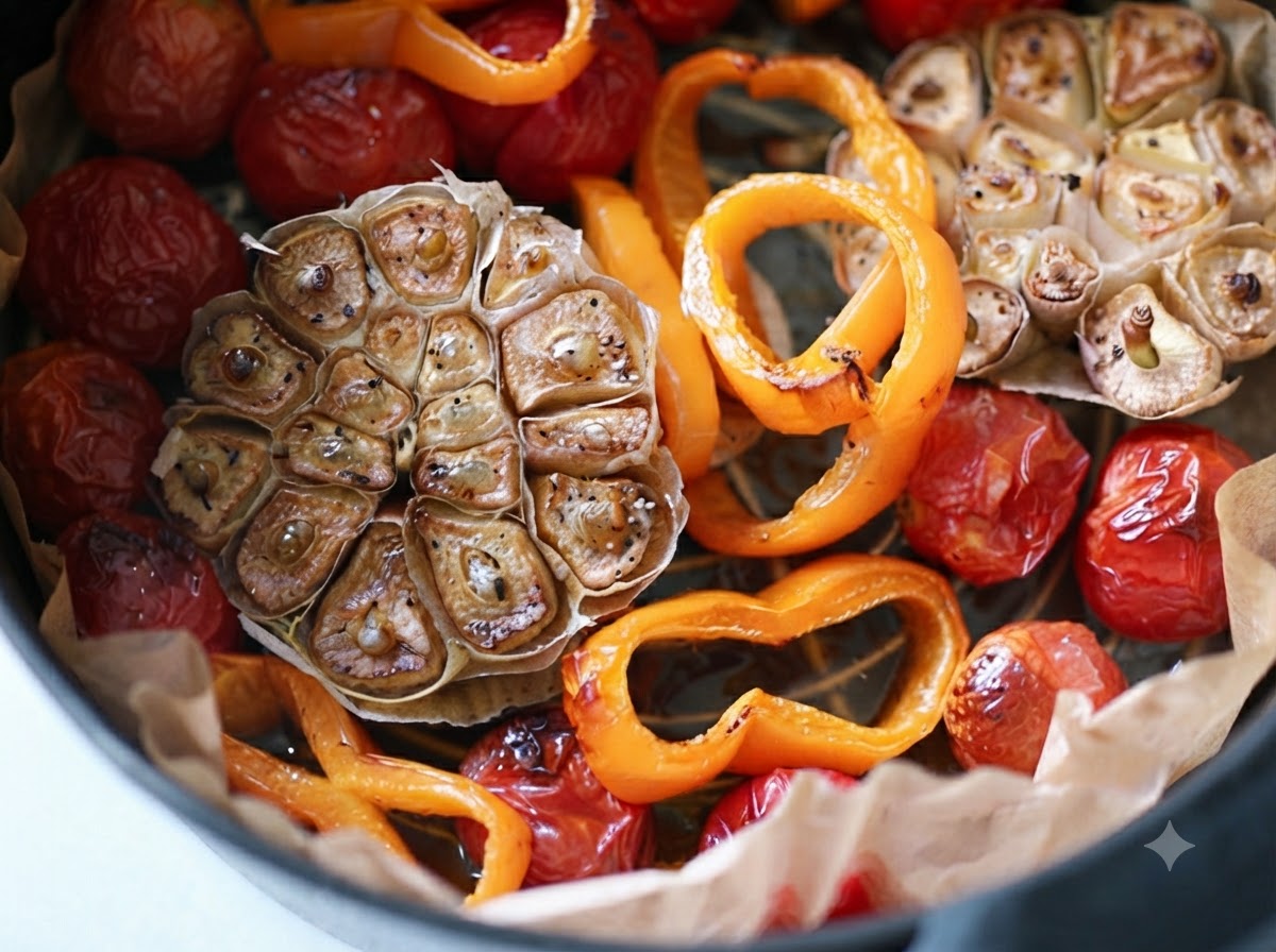 Cabezas de ajo asado y tomates horneados en la cesta de una freidora de aire.