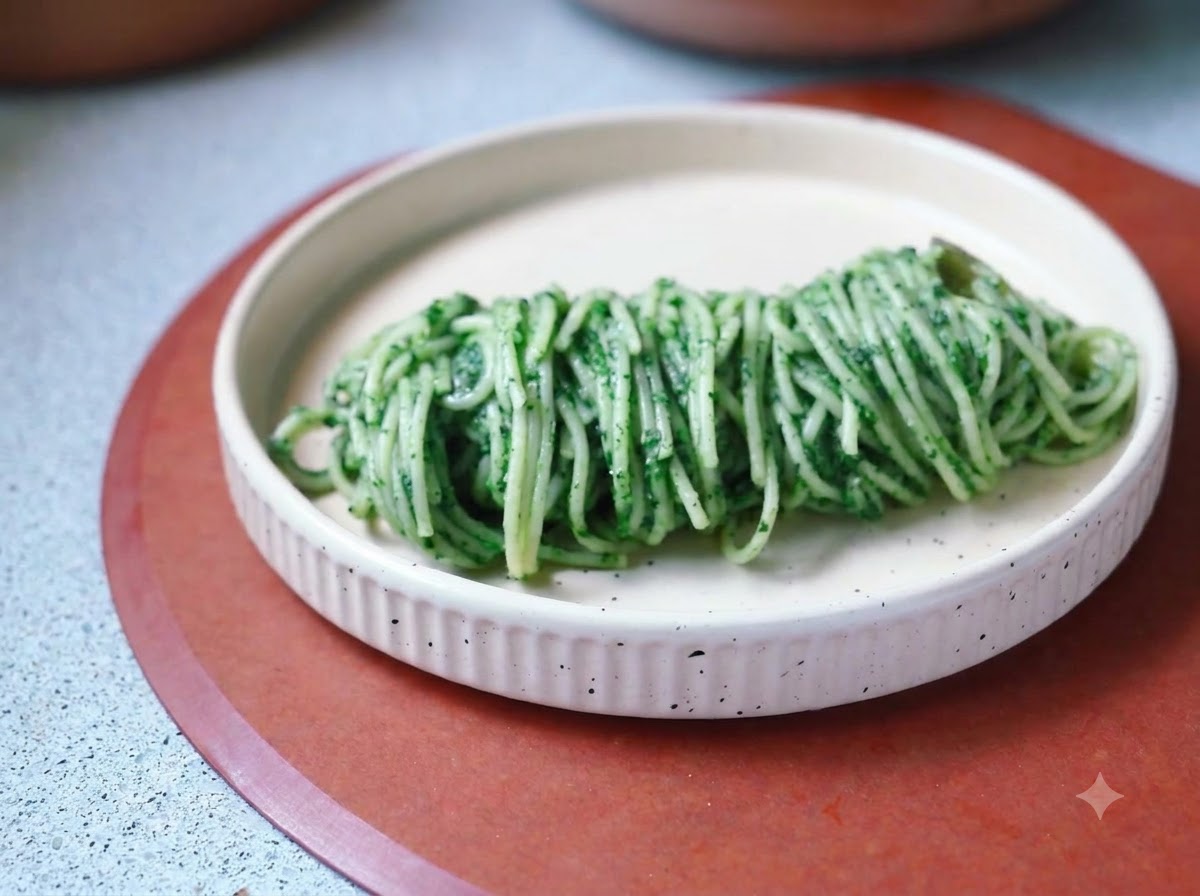 Un procesador de alimentos eléctrico mezclando espinacas, mantequilla y ajo asado en una salsa verde suave.