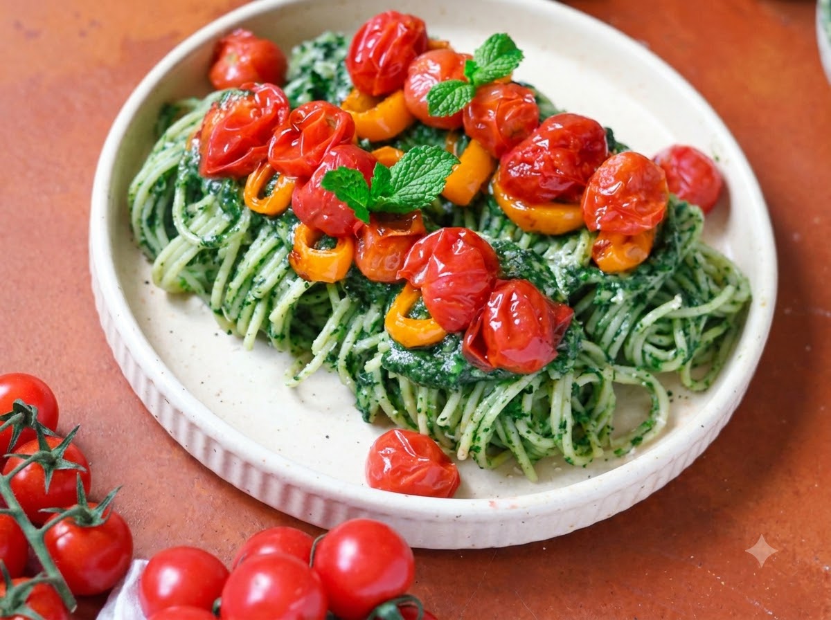 Fideos de espagueti cocidos siendo transferidos con pinzas de metal a una sartén con salsa verde de espinacas.