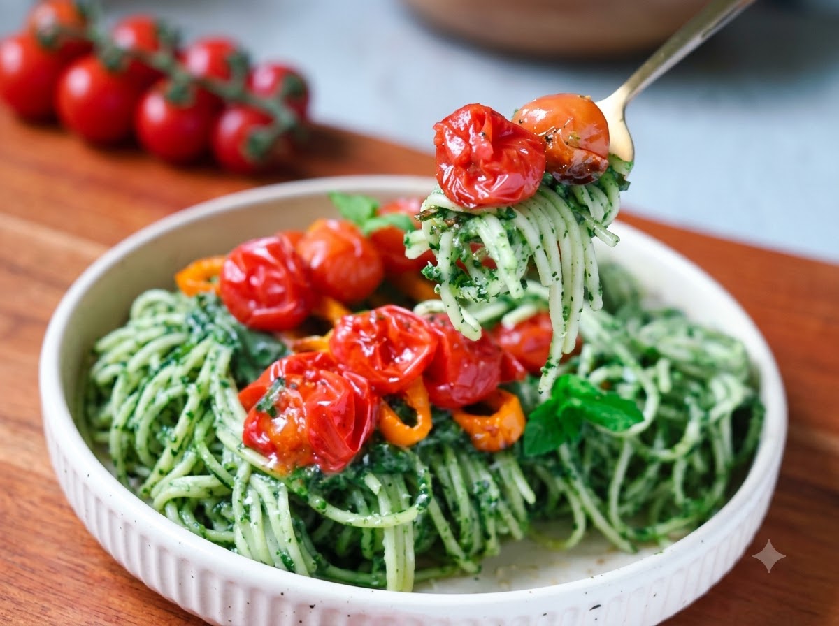 Pimienta negra y sal marina siendo espolvoreadas sobre los fideos de espagueti mezclándose con la salsa verde en una sartén.