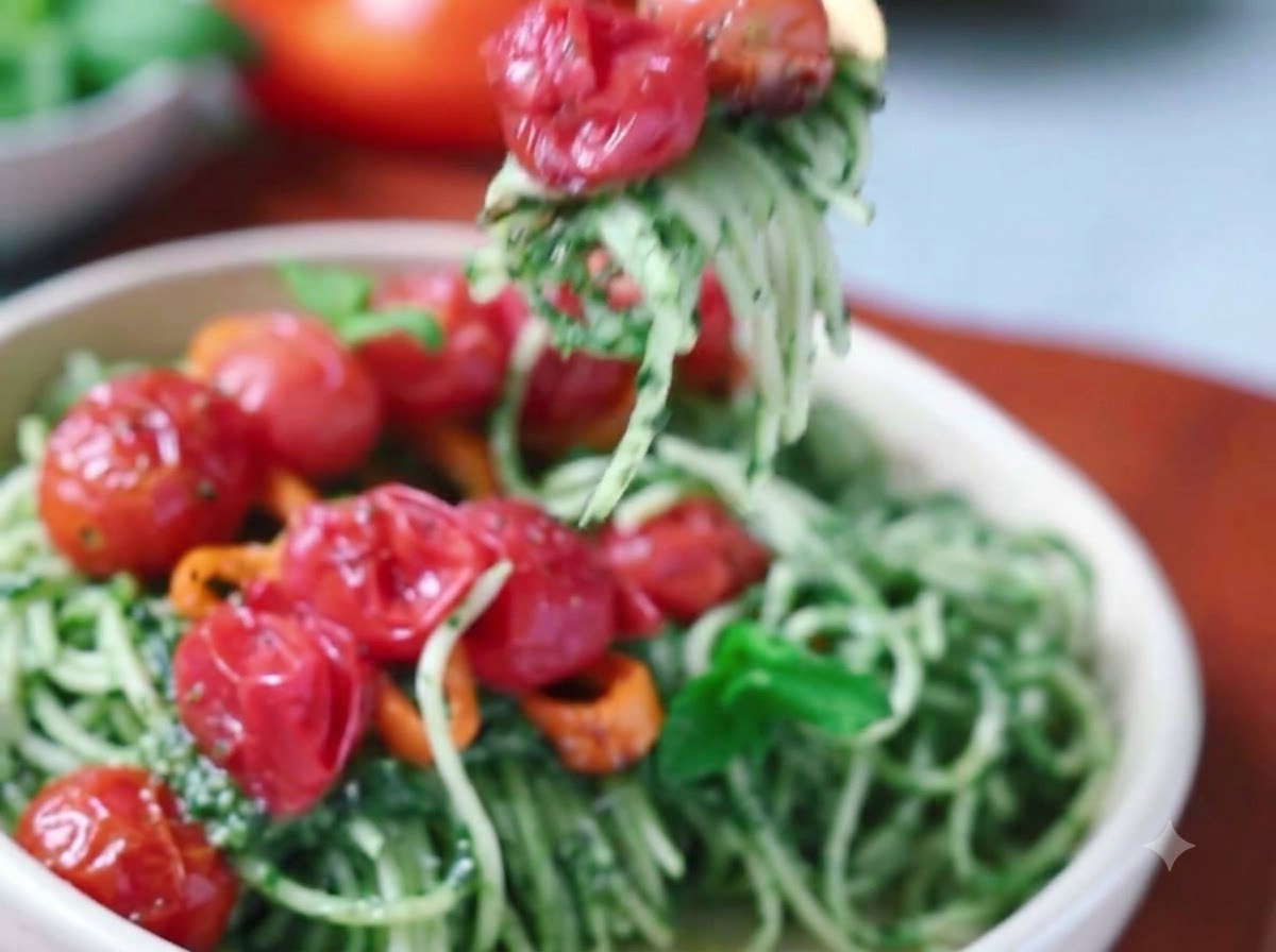 Fideos de espagueti siendo revueltos y mezclados a fondo con la salsa de pesto de espinacas usando pinzas de metal.