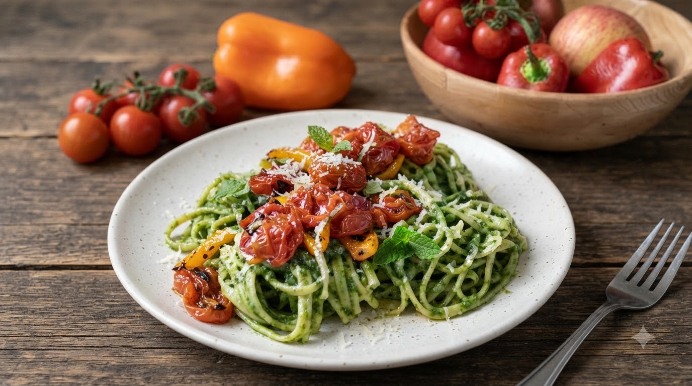 Pasta primaveral con pesto de espinacas, tomates cherry asados y pimientos