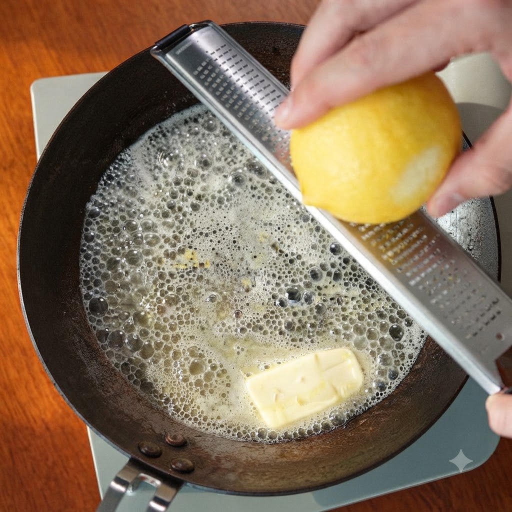 Primer plano de una persona rallando la piel amarilla de un limón con un rallador microplane directamente sobre mantequilla derretida que chisporrotea en una sartén.