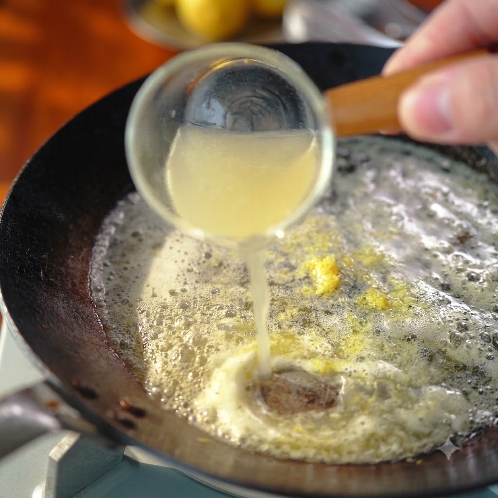 Jugo de limón fresco siendo vertido desde un pequeño recipiente de vidrio hacia una sartén caliente con mantequilla y ralladura de limón.