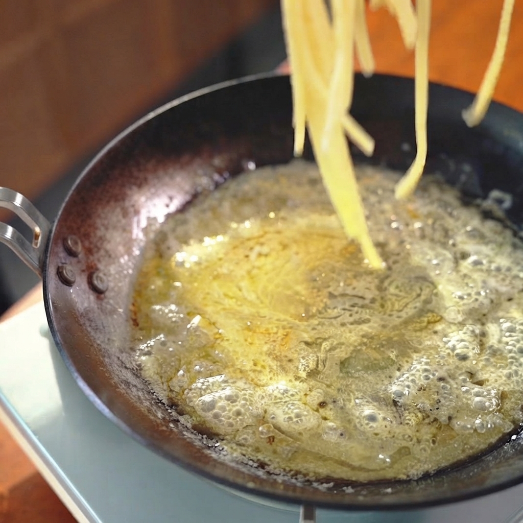 Fideos de espagueti cocidos siendo levantados e incorporados a una sartén con salsa utilizando pinzas de metal.