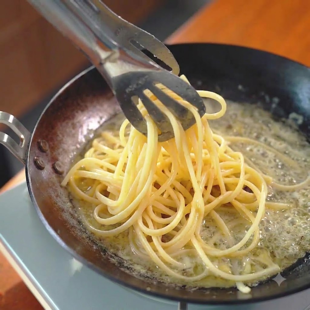 Fideos de espagueti mezclados con trozos de albahaca verde en una sartén utilizando pinzas de metal.