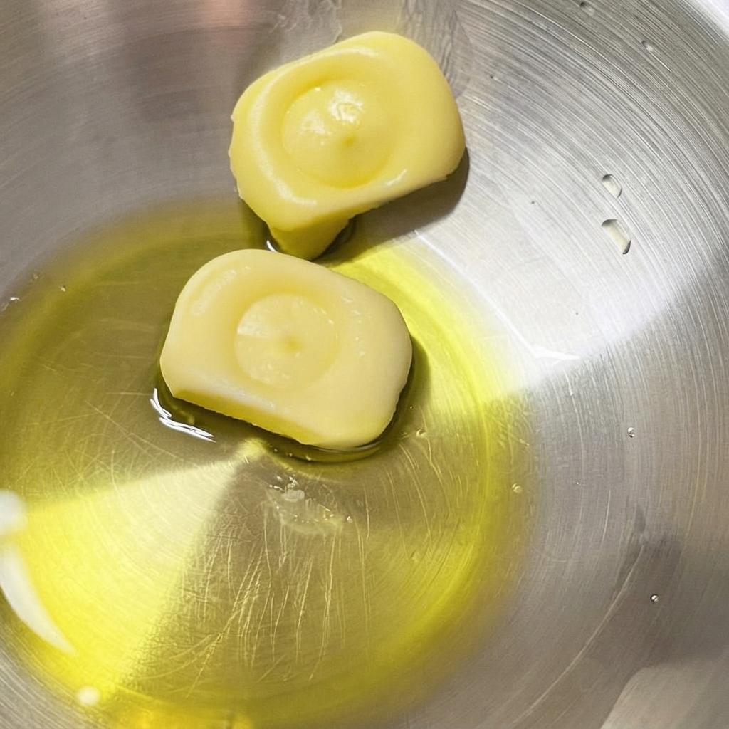 Aceite de oliva acumulado en el fondo de un bol de acero inoxidable junto a dos trozos sólidos de mantequilla.
