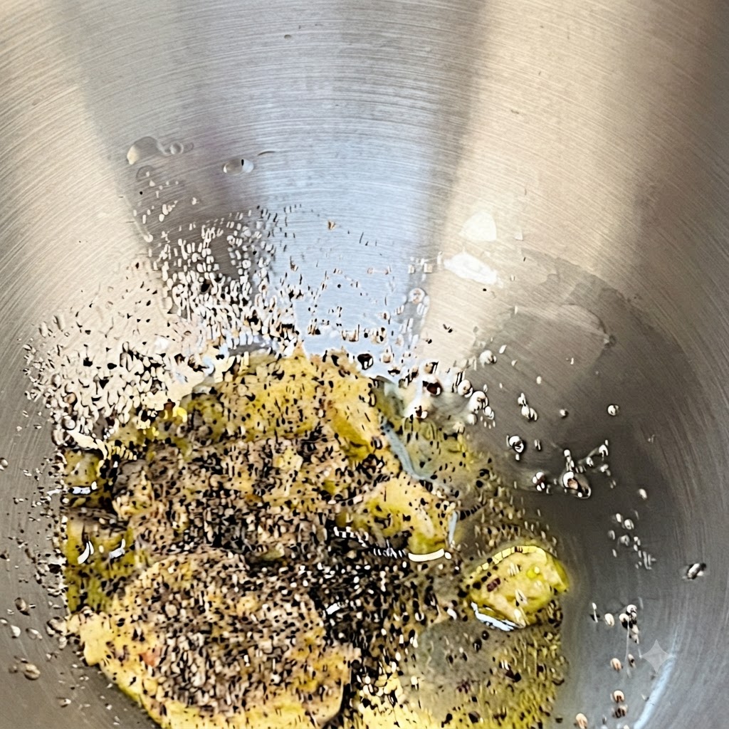 Agua caliente de la pasta siendo vertida en el bol de acero inoxidable que contiene la mezcla de mantequilla, aceite, ajo y pimienta.