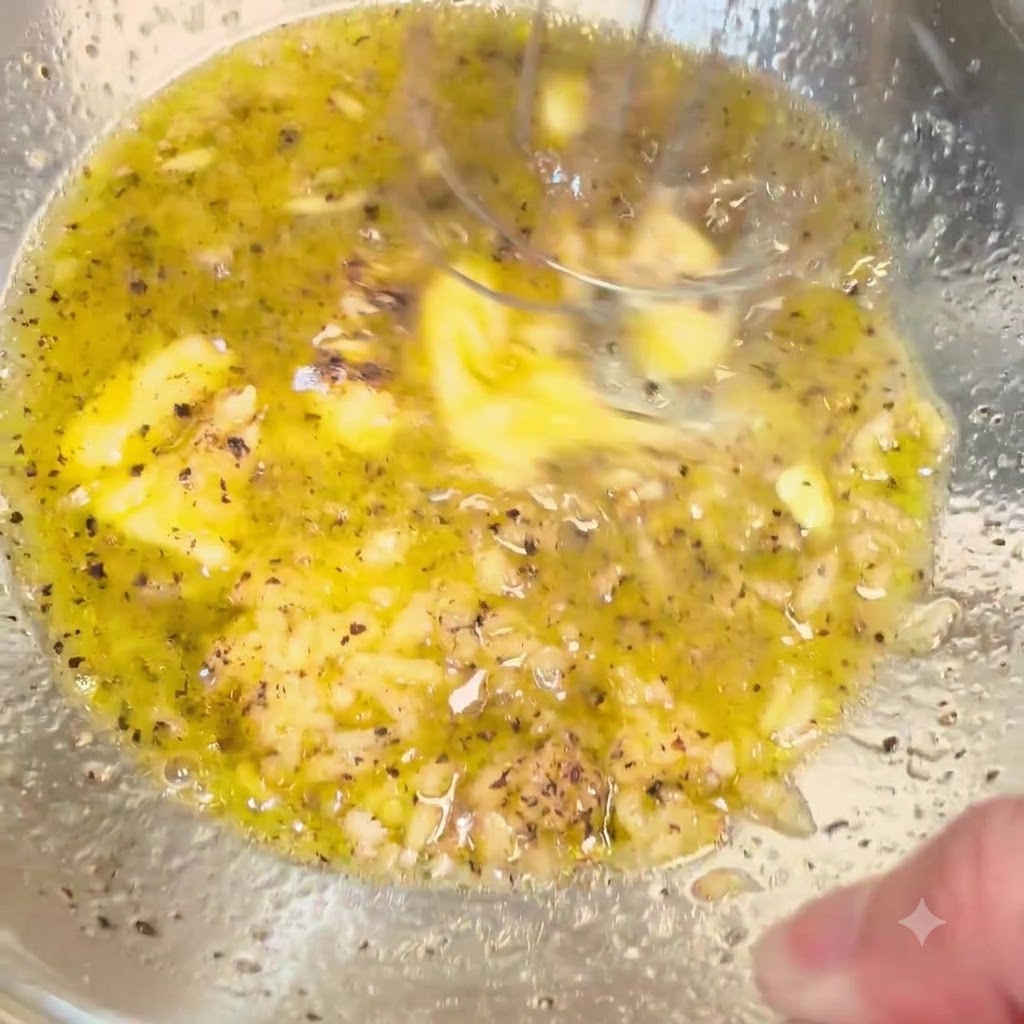 Un batidor de varillas mezclando la mantequilla derretida, el aceite y las especias en una salsa amarillenta suave dentro del bol.
