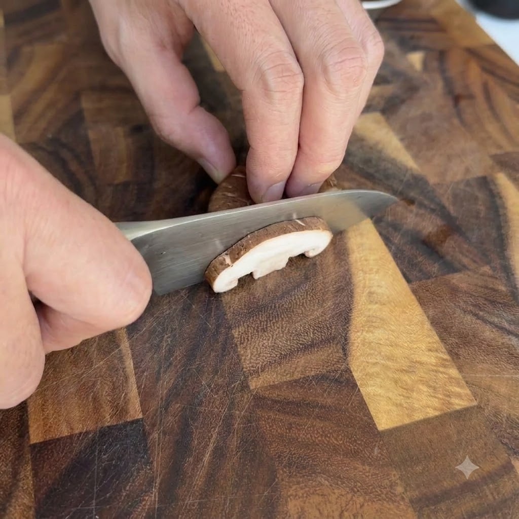 Champiñones shiitake cortados en rodajas gruesas sobre una tabla de cortar de madera.