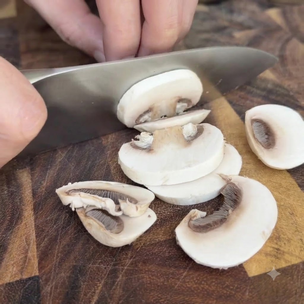 Champiñones blancos cortados en trozos gruesos sobre una tabla de madera.