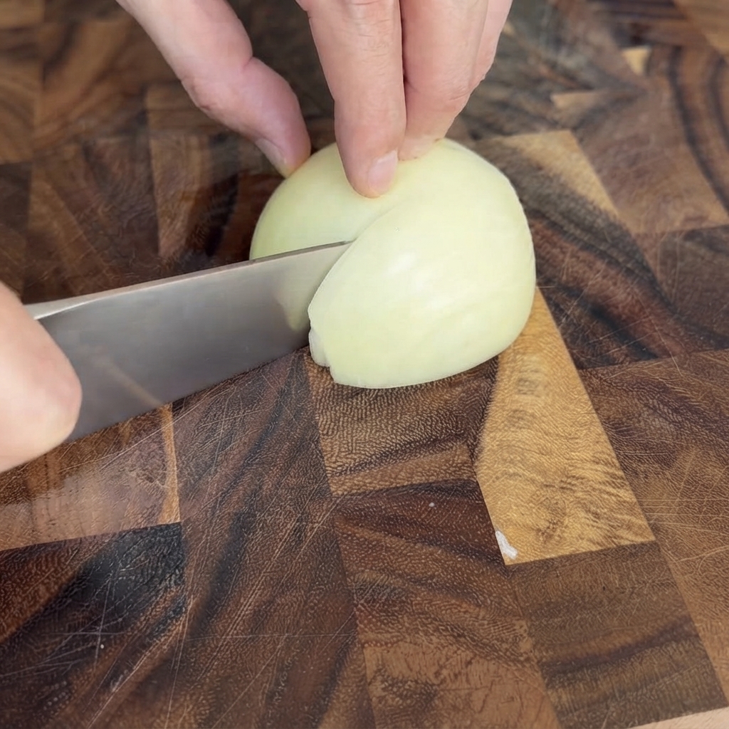 Mitad de una cebolla blanca picada finamente en una tabla de cortar de madera.