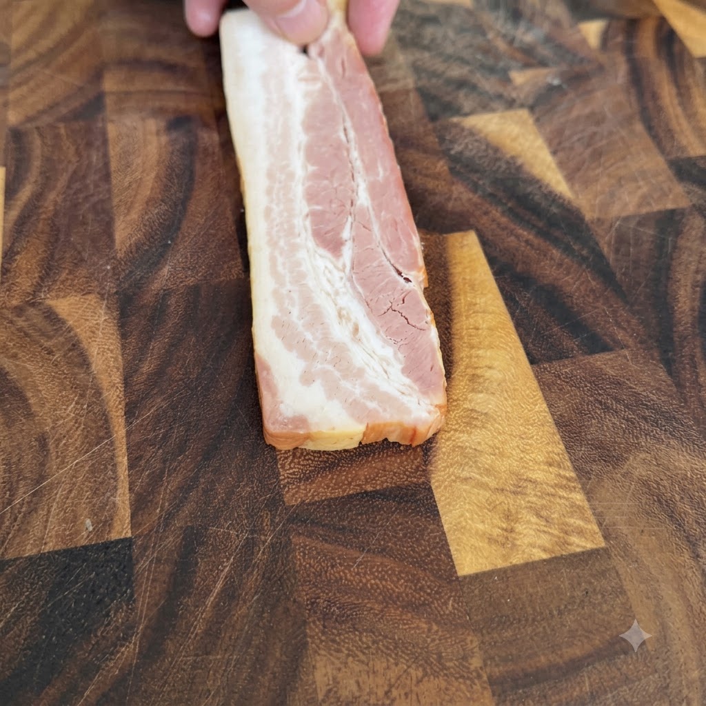Una tira de tocino cortada en trozos pequeños sobre una tabla de cortar de madera.