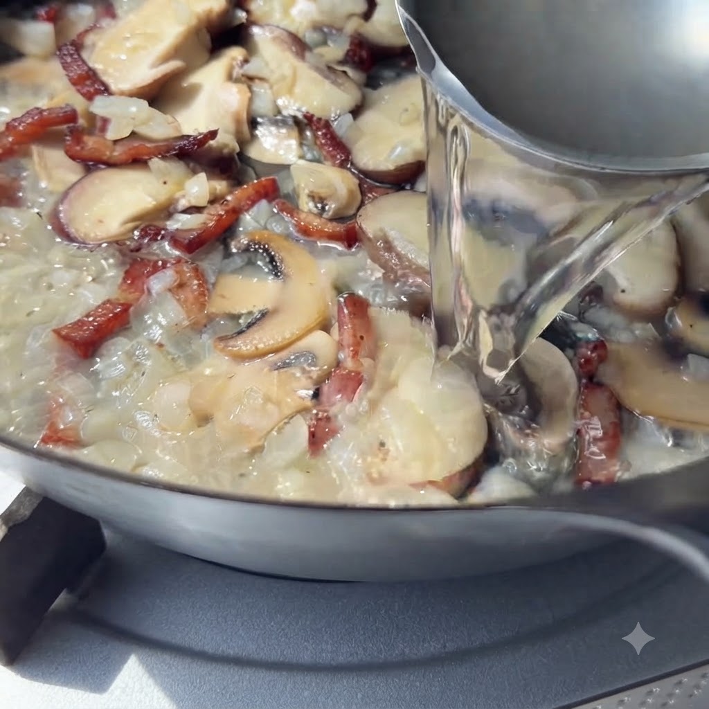 Un cucharón de metal vertiendo agua de pasta almidonada en una sartén llena de champiñones en rodajas, cebollas y tocino.
