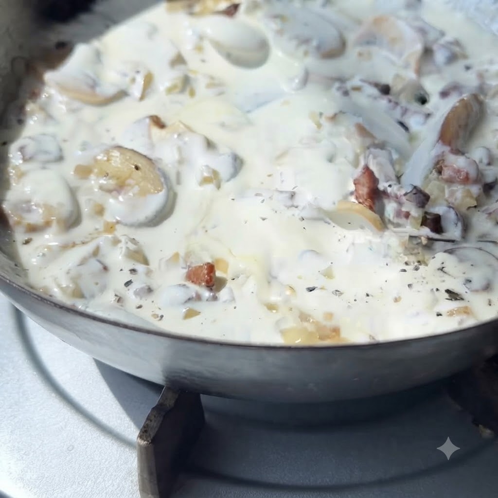 Crema de leche cocinándose a fuego lento en una sartén con champiñones salteados, cebollas y trozos de tocino crujientes.