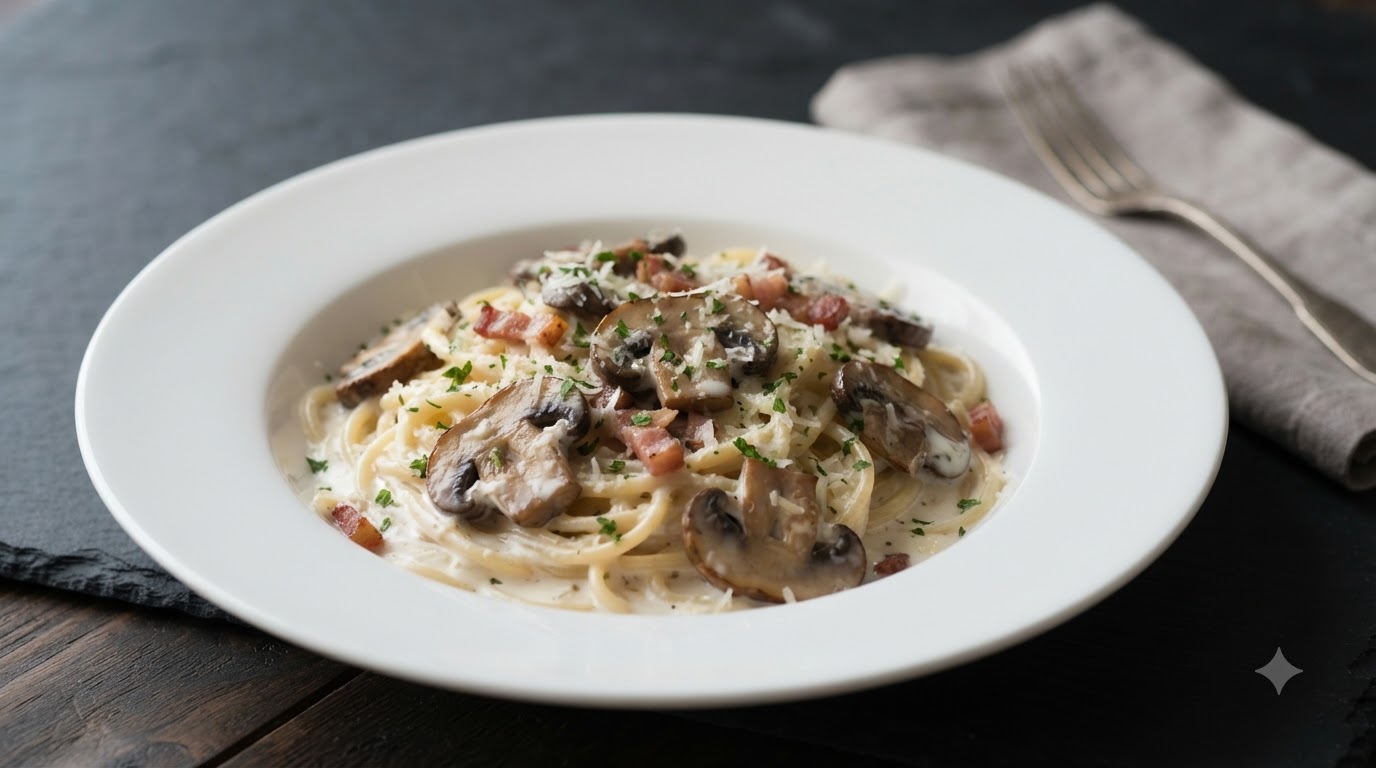 Espaguetis Cremosos con Champiñones y Tocino