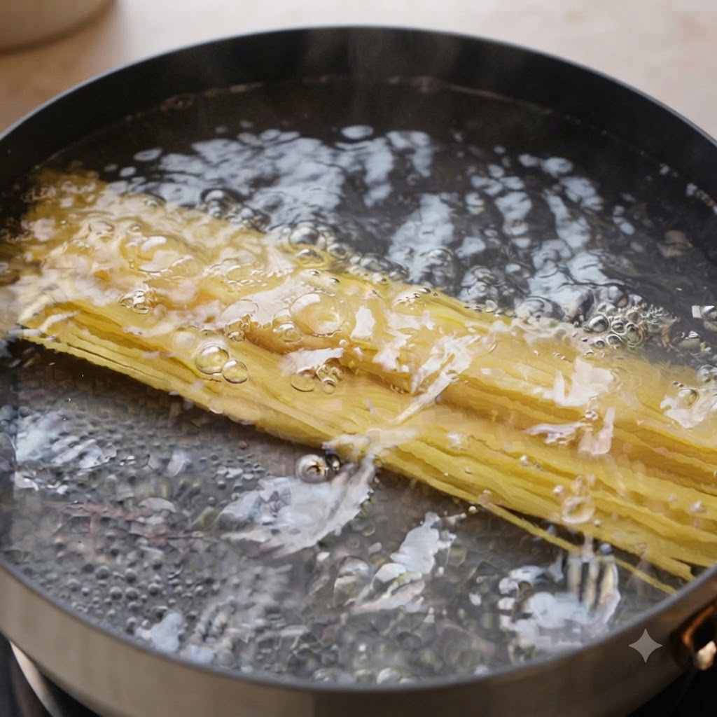 Fideos espagueti secos sumergiéndose y hirviendo en una olla con agua caliente burbujeante.