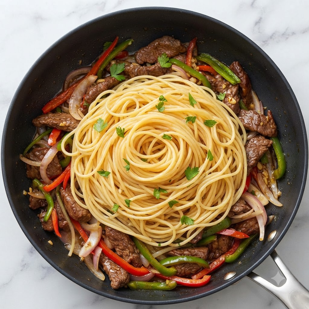 Vista superior de fideos espagueti cocidos anidados entre carne y pimientos cortados en una sartén grande.