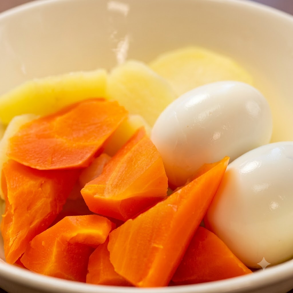 Un tazón blanco que contiene trozos de papas al vapor, zanahorias y huevos pelados siendo cubiertos con aderezo.