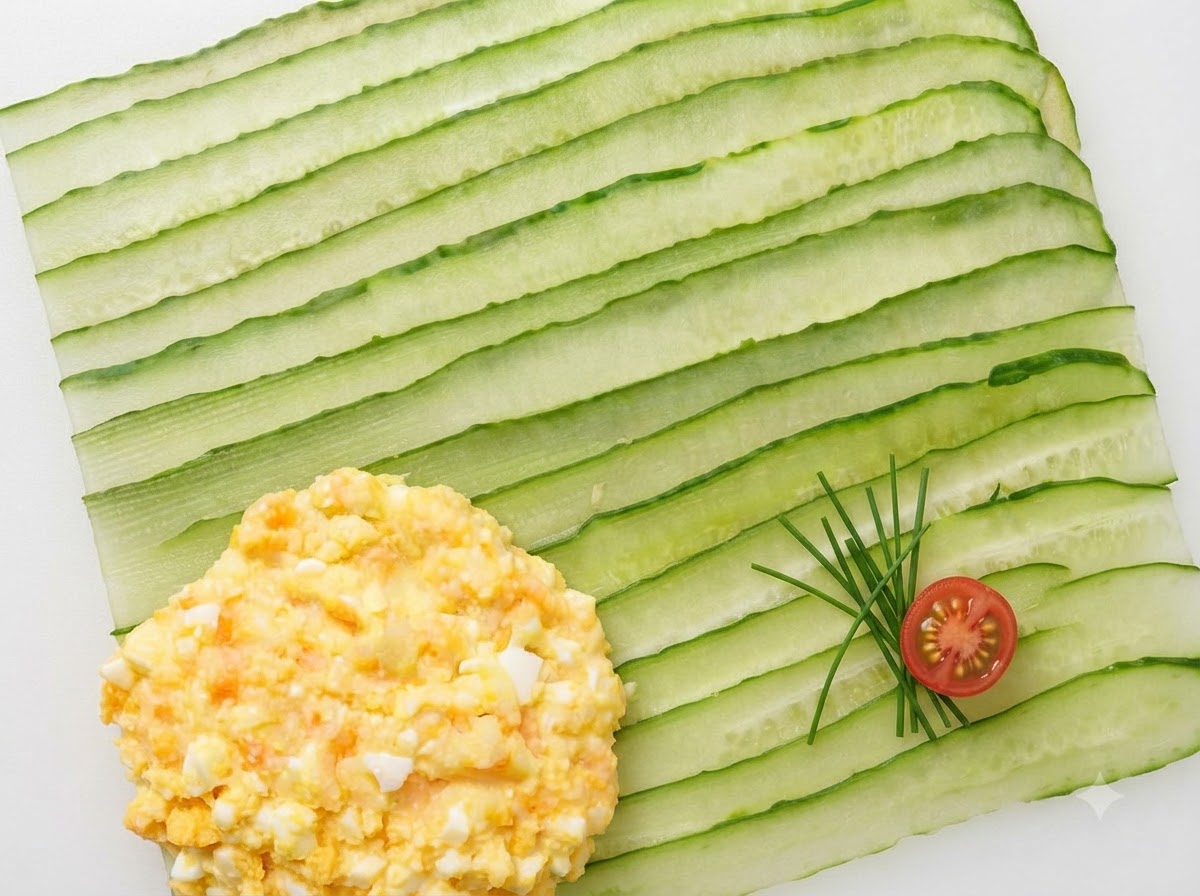 Ensalada de papa y huevo machacada siendo extendida sobre una capa plana de tiras de pepino verde.