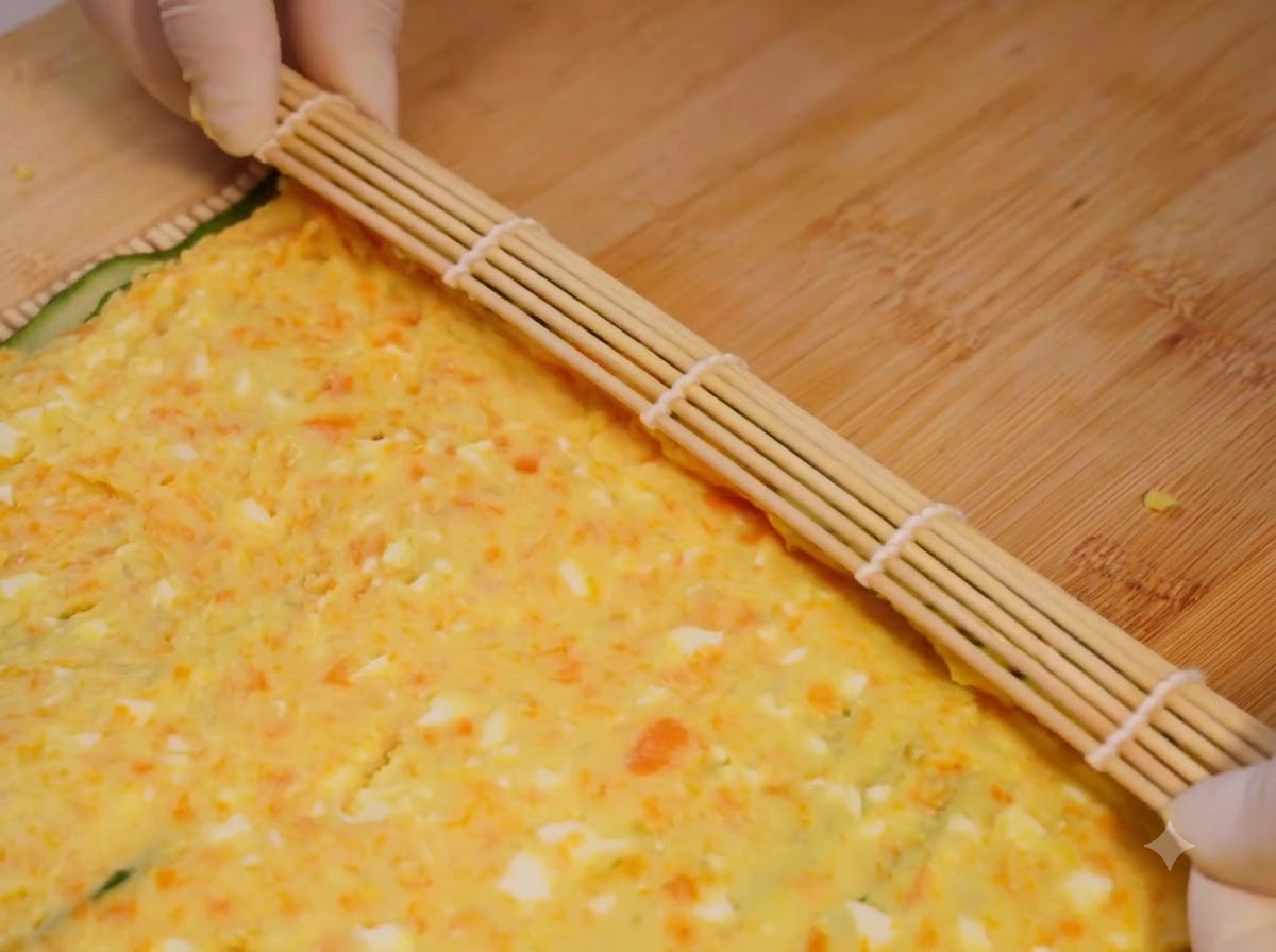 Una esterilla de sushi de bambú siendo utilizada para enrollar firmemente la ensalada de pepino y papa en capas.