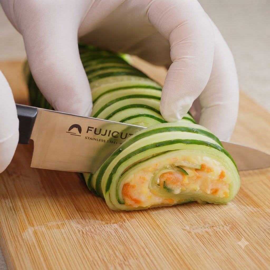 Un cuchillo afilado cortando un rollo de ensalada de pepino y papa en una tabla de cortar.