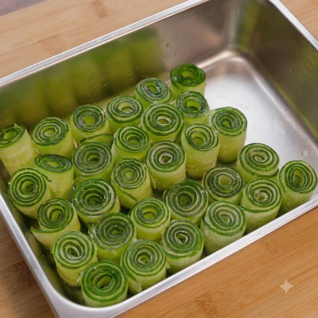 Rollitos de pepino fríos colocados dentro del tazón transparente de un procesador de alimentos.