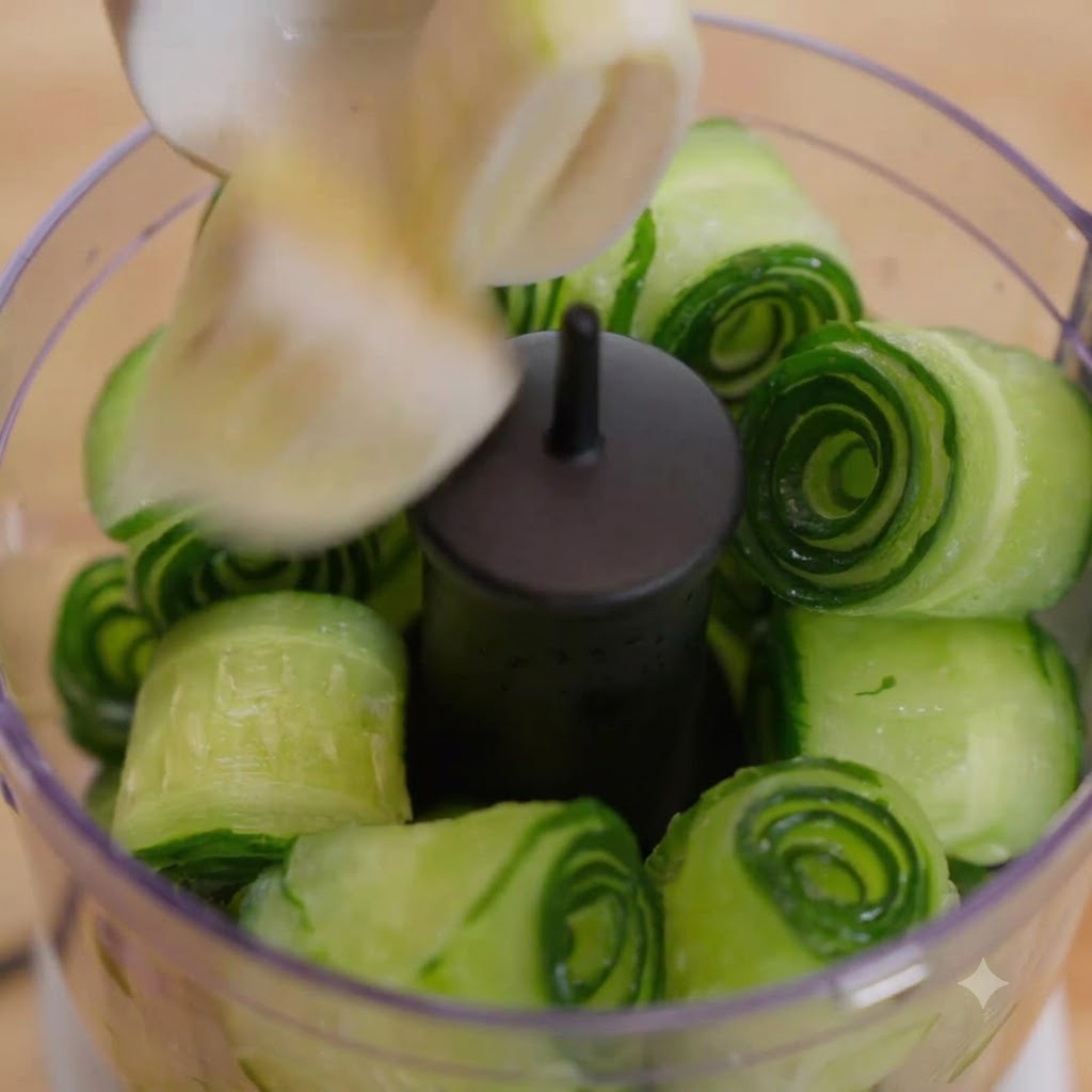 Primer plano de un procesador de alimentos mezclando rollitos de pepino y limón en un puré verde.
