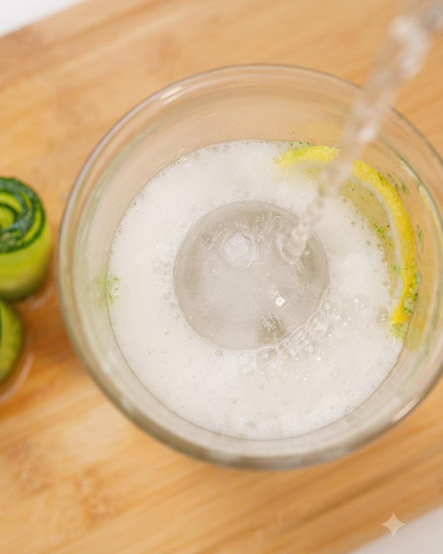 Sprite siendo vertido sobre una esfera de hielo, una rodaja de limón y puré de pepino en un vaso.