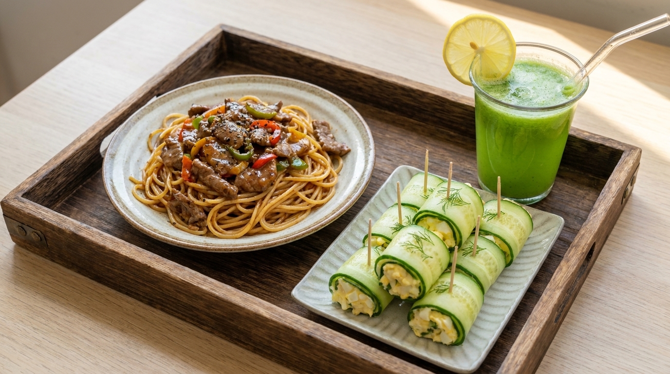 Pasta con Filete de Res a la Pimienta Negra, Rollitos de Ensalada de Pepino y Bebida de Pepino
