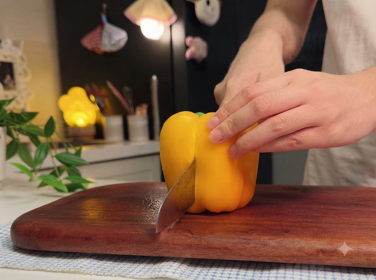 Un pimiento amarillo cortándose en tiras uniformes sobre una tabla de cortar de madera.