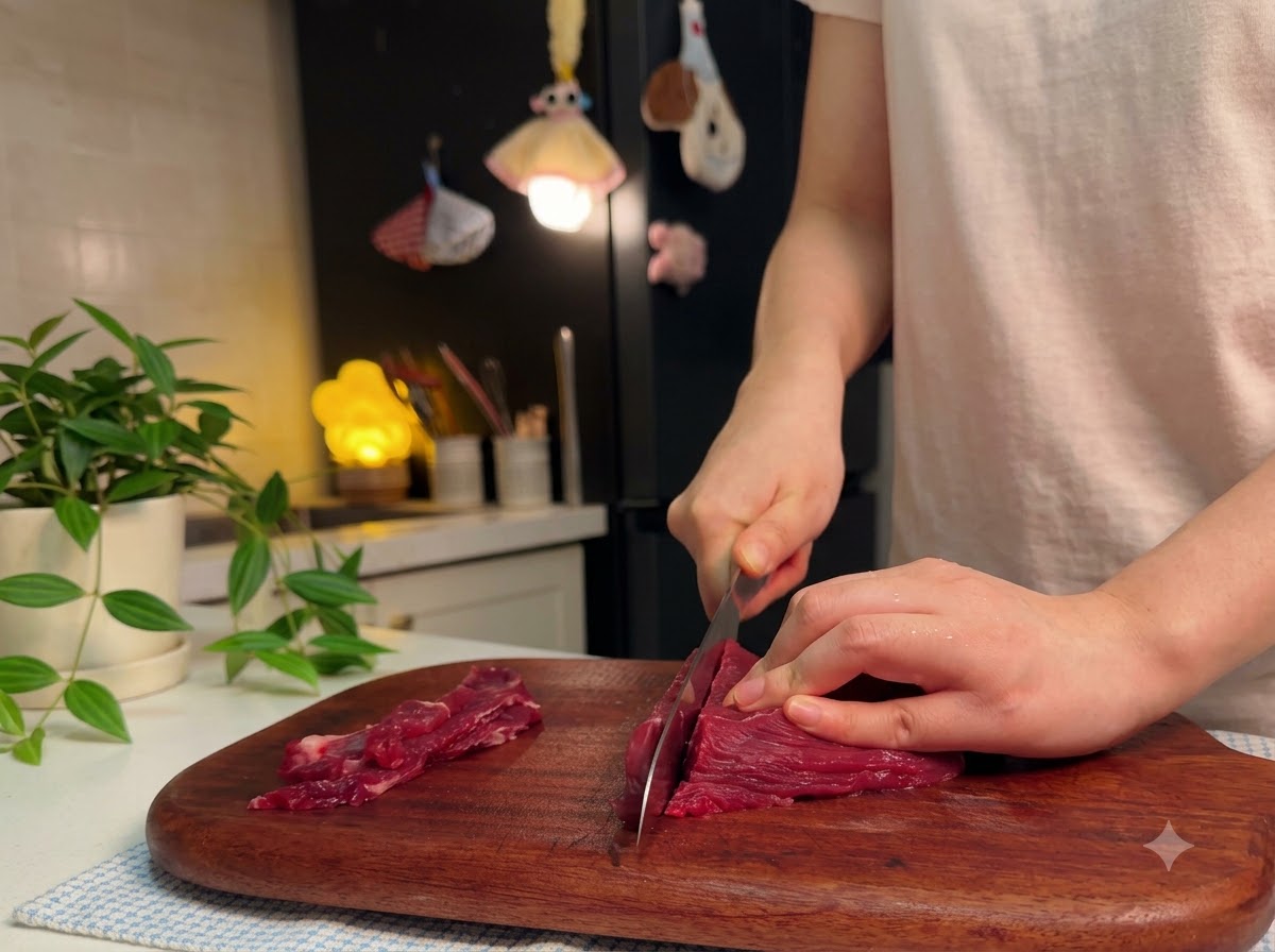 Lomo de res cortándose en tiras finas sobre una tabla de cortar de madera.