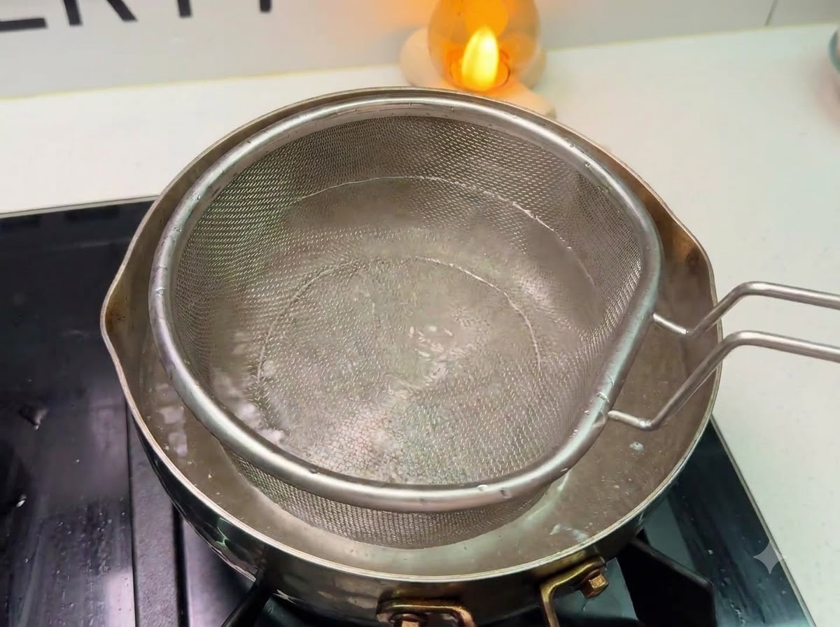 Un colador colocado dentro de una olla con agua hirviendo listo para cocinar pasta.