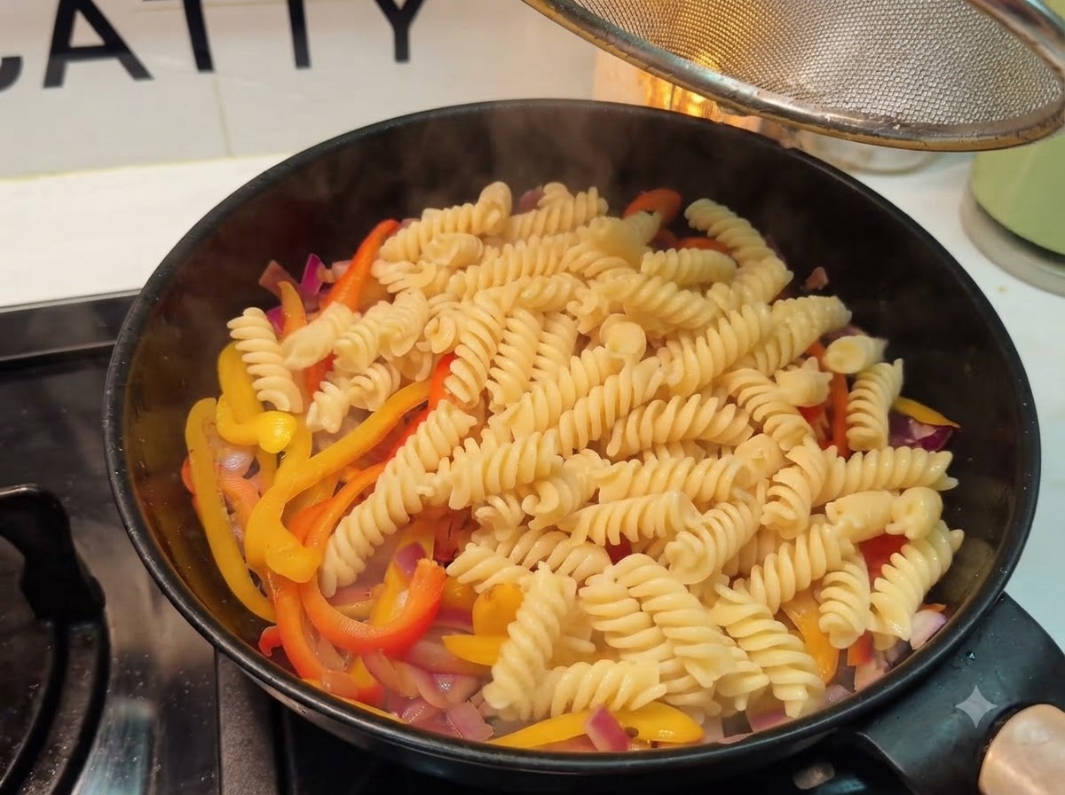Pasta fusilli en espiral vertiéndose en la sartén sobre la mezcla de vegetales cocidos.