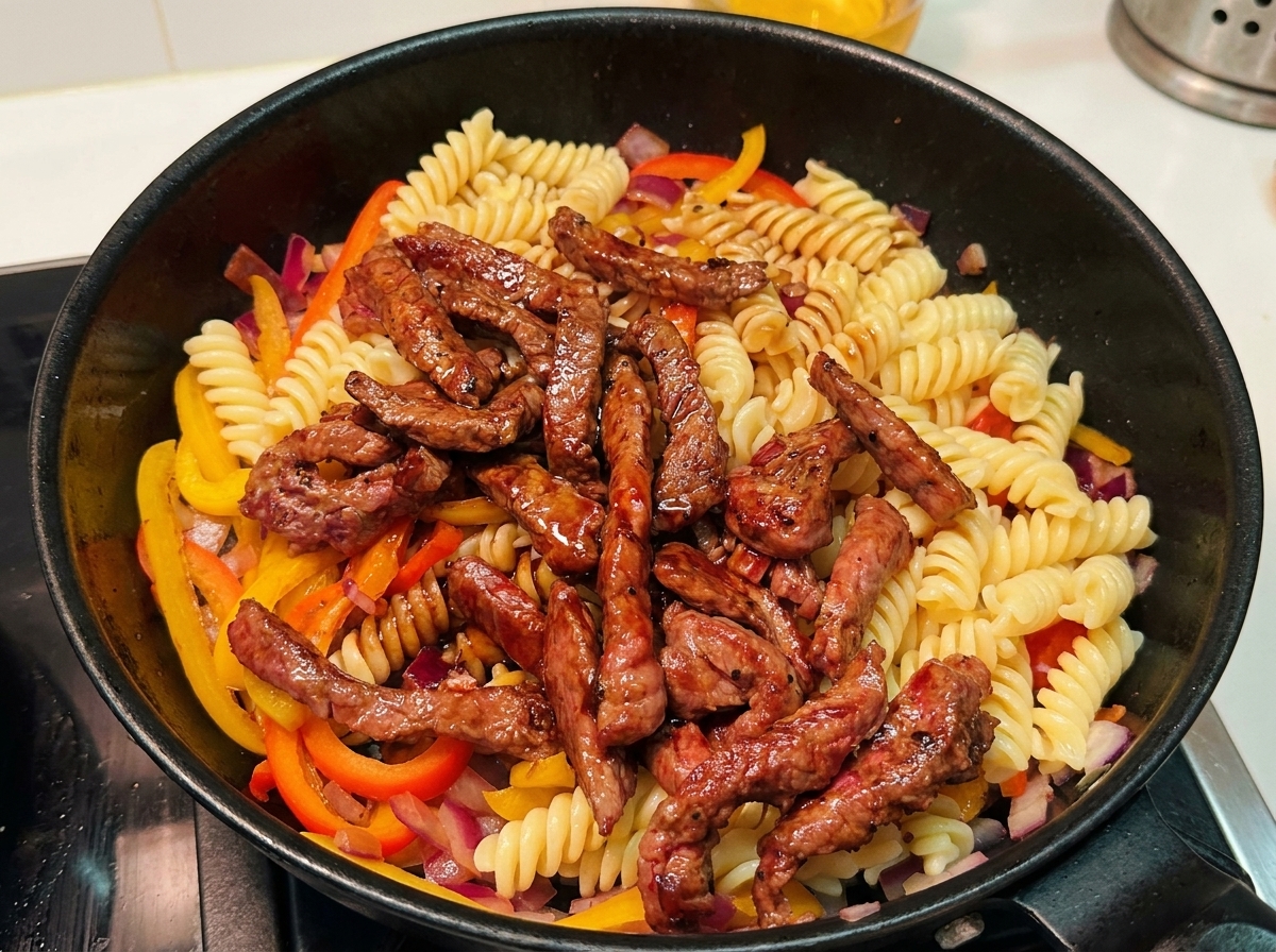 Salsa marrón espesa vertiéndose en una sartén llena de pasta en espiral cocida, carne picada y pimientos coloridos.